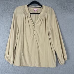 Lilly Pulitzer Blouse Womens Medium Beige 100% Silk Smocked Pullover Button Top